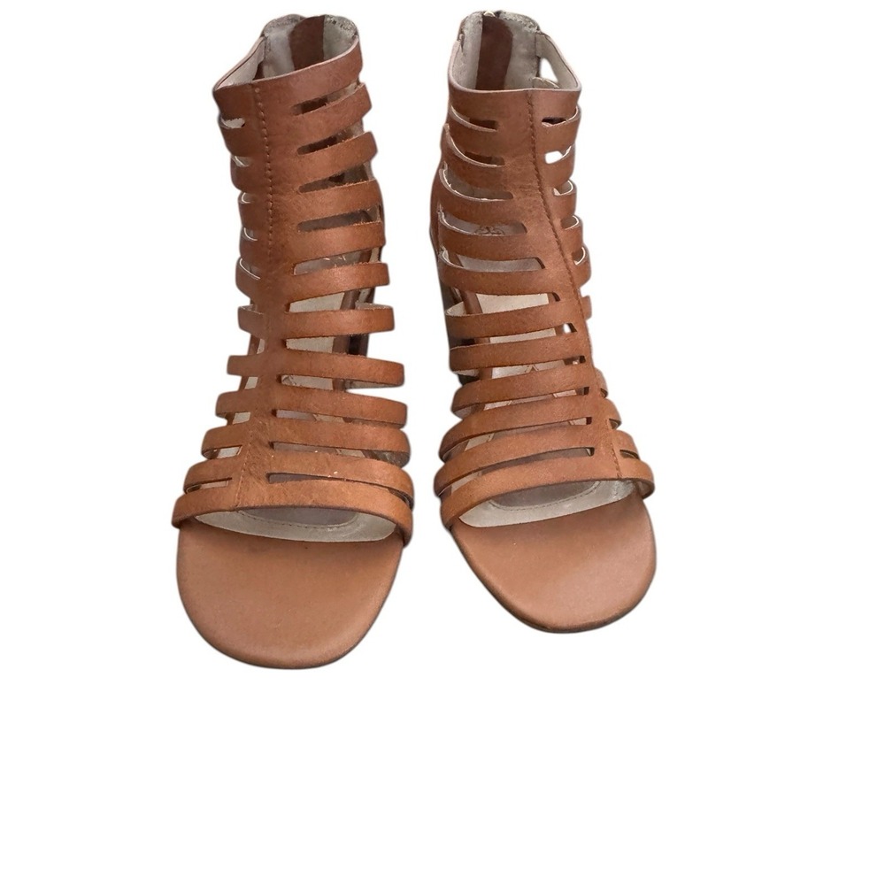 7.5 Isola Tan Strappy Heeled Sandals Open Toe Zip Back Block Heel